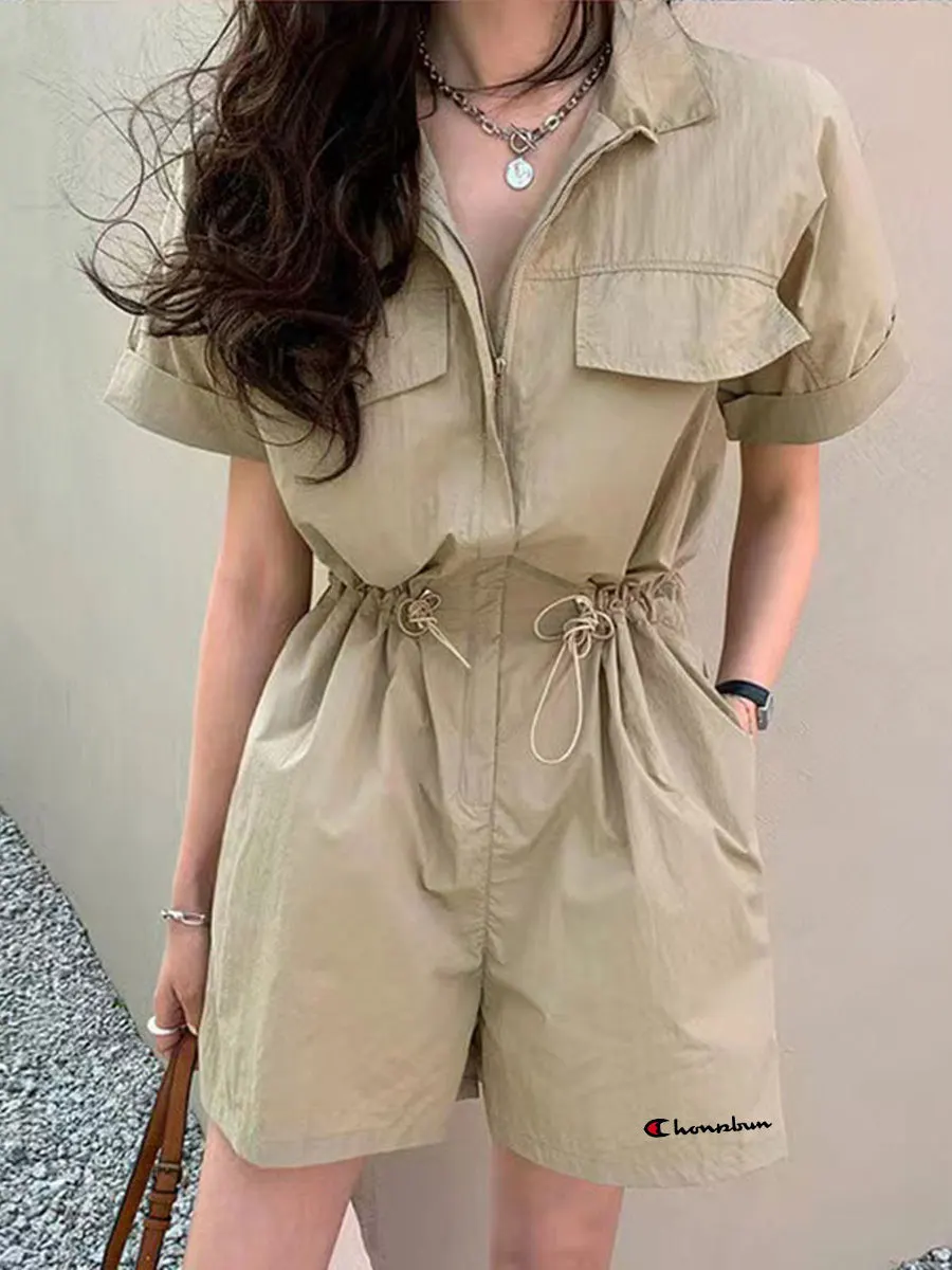 

Стильный летний винтажный комбинезон-шорты для женщин с молнией, воротником, завышенной талией и широкими штанинами, для работы и повседневной носки