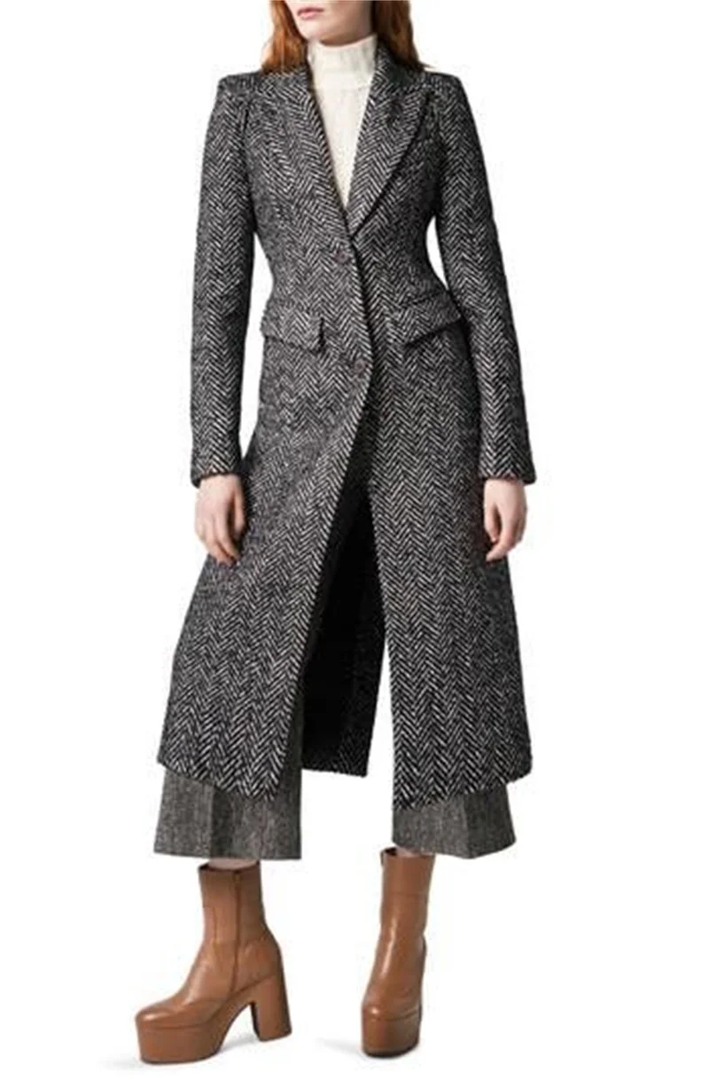 Herringbone Wool Women Overcoat Winter Thick Long Jacket Ankle Length Formal Office Business Custom Made Prom Dress Trench Coat