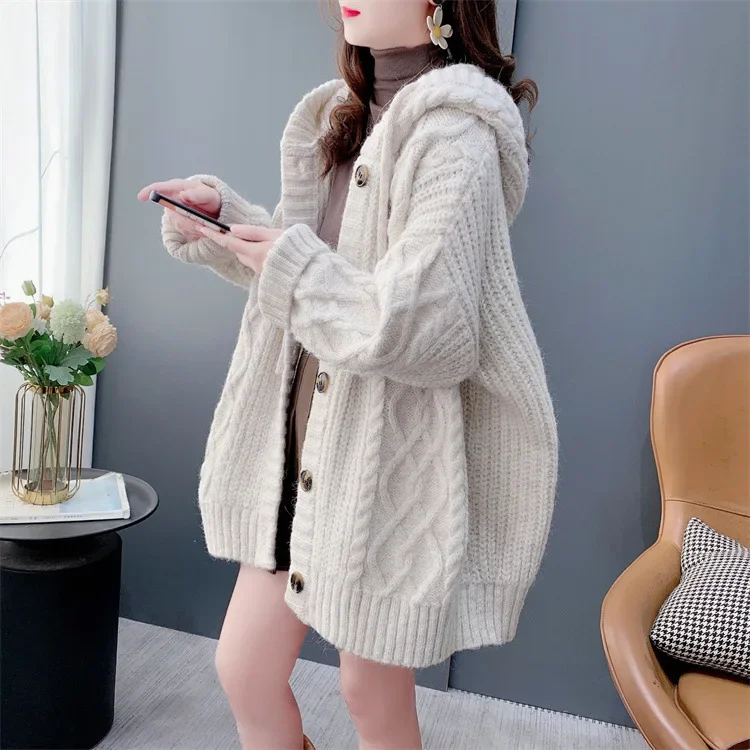 

Women's Autumn Winter New Arrival Casual Fashio Laid-back Style Thickened Hooded Loose Long Knitted Jacket Sweater Open Cardigan