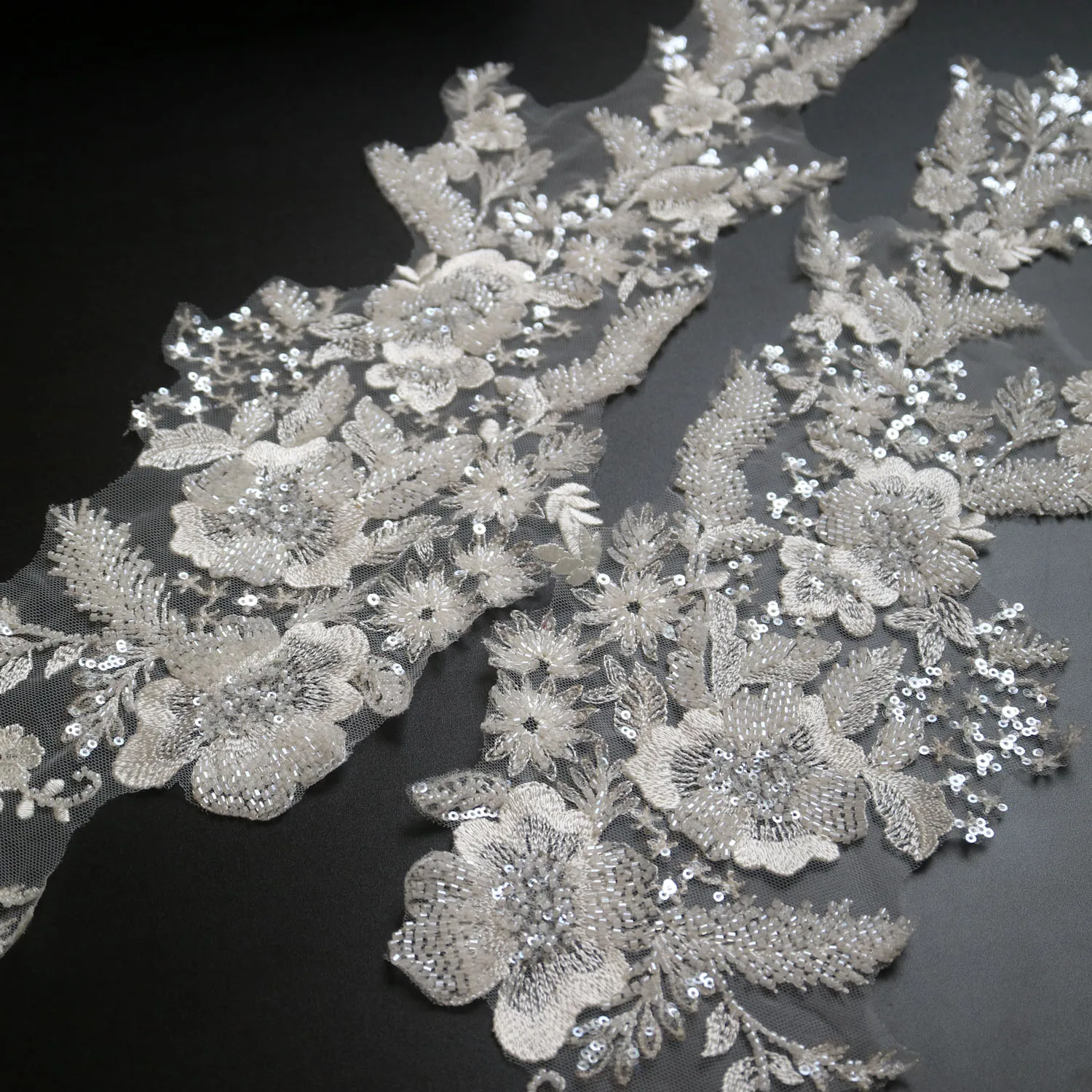 1pair luxury beaded embroidery lace appliques for wedding dresses flower applique patches  clothing  parches ropa