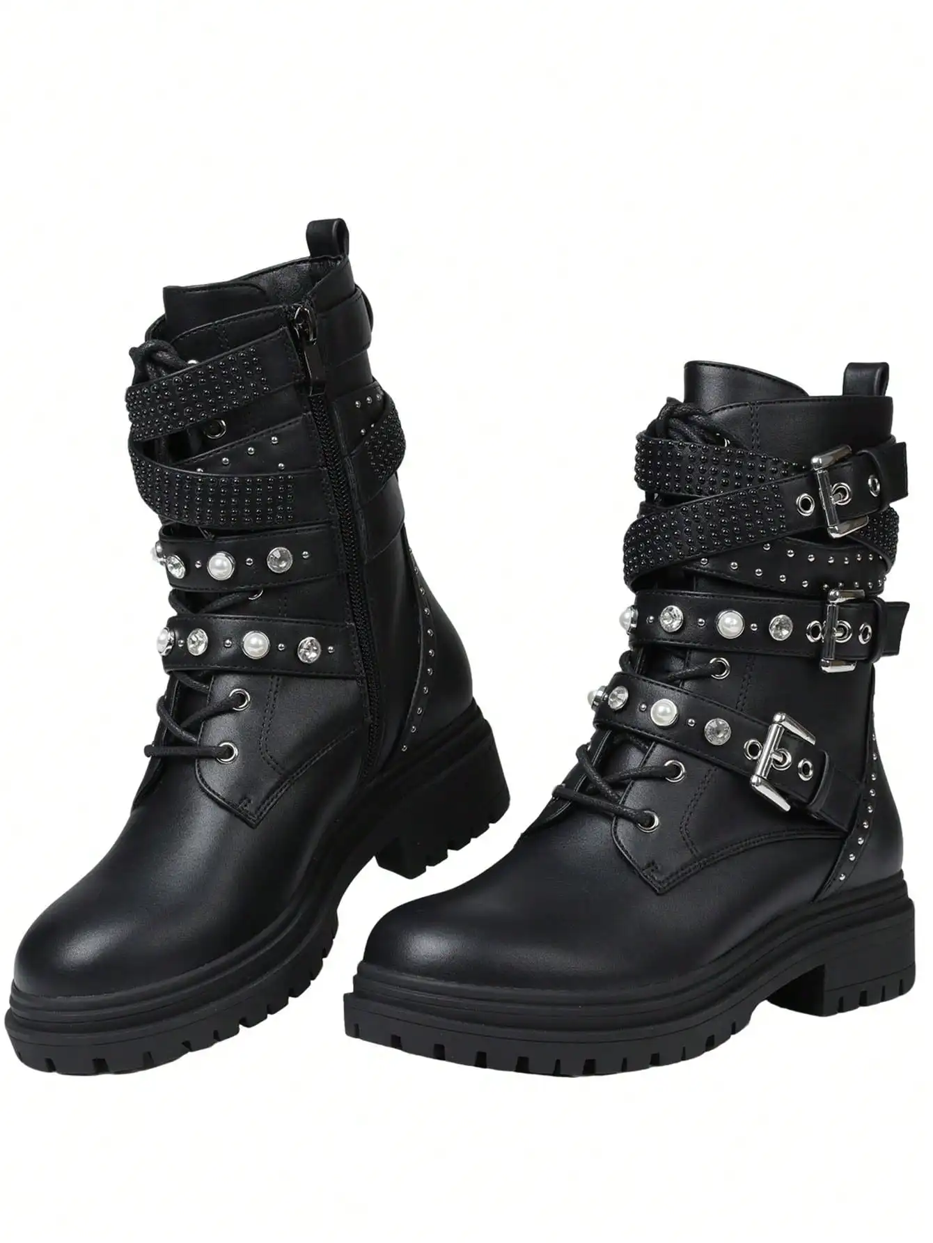 النساء فاسق أحذية قتالية الخريف الكاحل مشبك حزام رصع اللؤلؤ الراين الجانب سستة منصة الدانتيل يصل أحذية الخريف #6