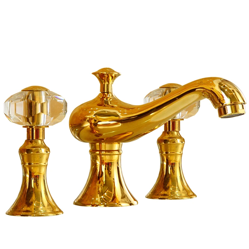 Golden brass basin hot and cold faucet European bathroom washbasin three-hole antique faucet under the table basin.