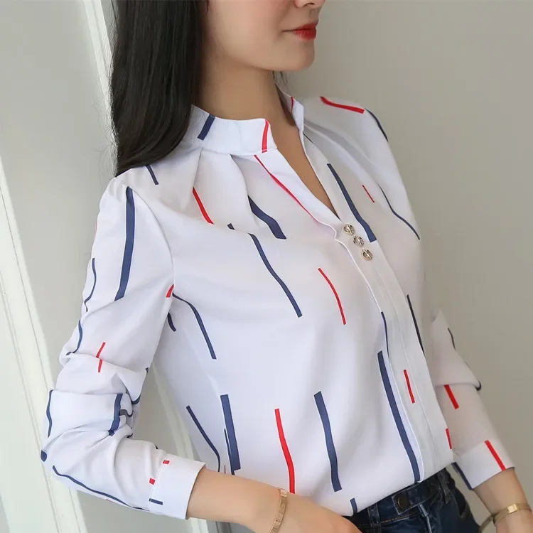 

2024 Women White Tops Women's Blouses Fashion Stripe Print Casual Long Sleeve Office Lady Work Shirts Female Slim Tops QY292