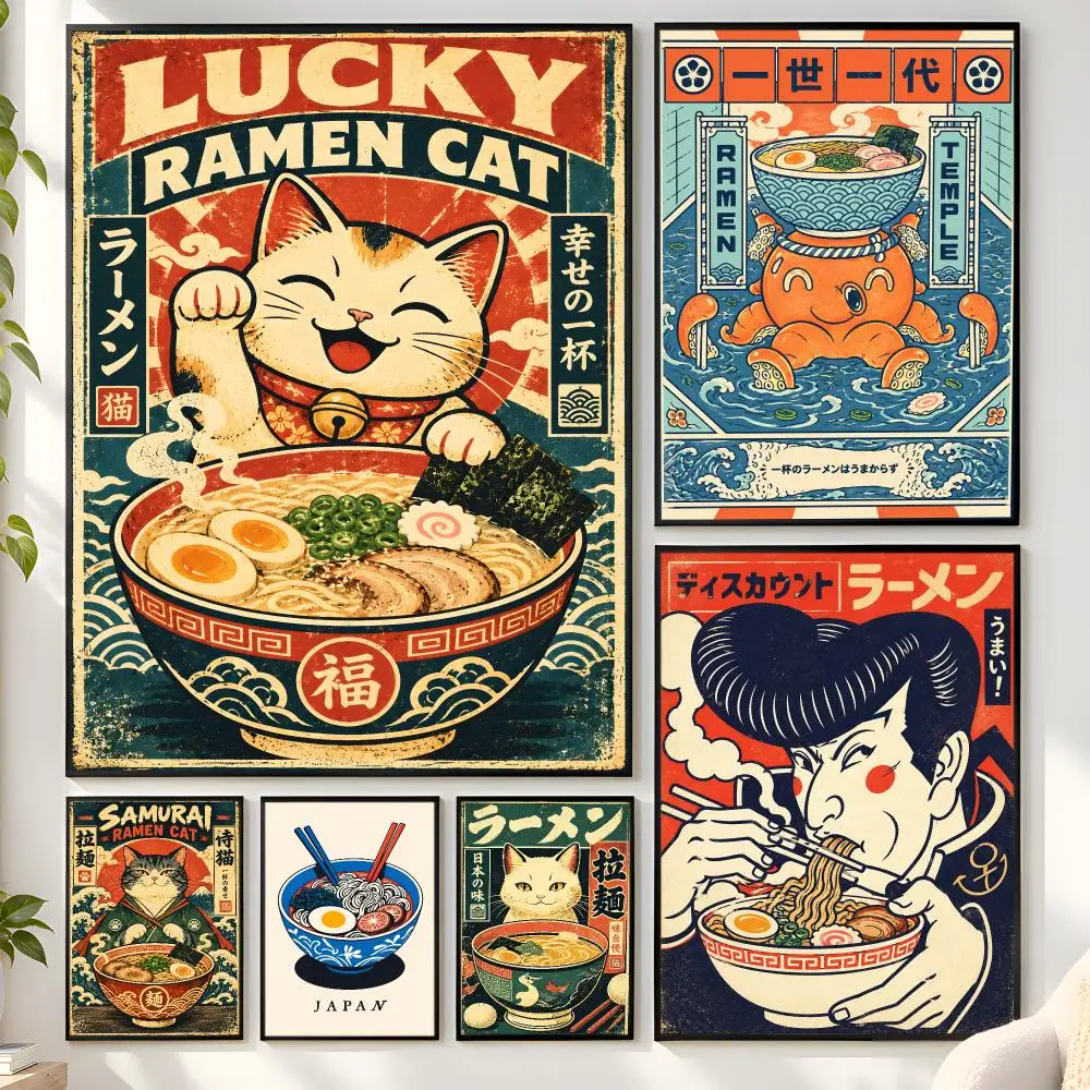 Showa Ukiyo-e Cat Ramen Festival Poster Matte Wall Peel And Stick Decor Bedroom Living Room Office Dorm Home
