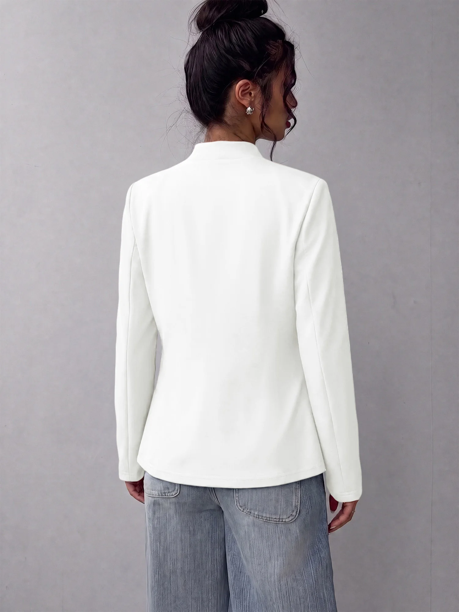 Women Minimalist Solid Long Sleeve Blazer Stand Collar Open Front Slim Fit Everyday Wear Outer Coat