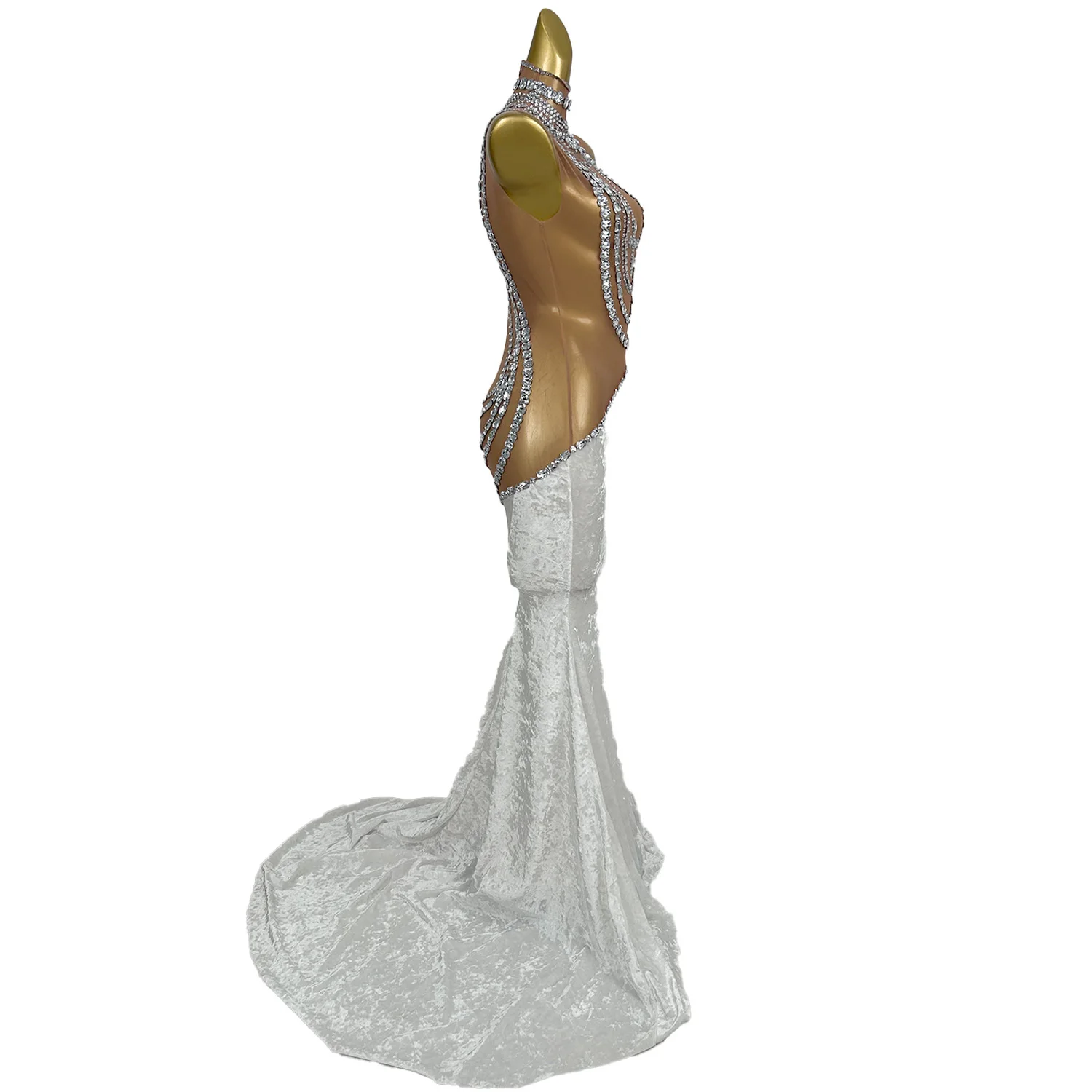 

High-quality Crystals Sparkly Floor-length Dress Sexy Women See Through Mesh Velvet Evening Gowns Celebrate Party Outfit Xinyang