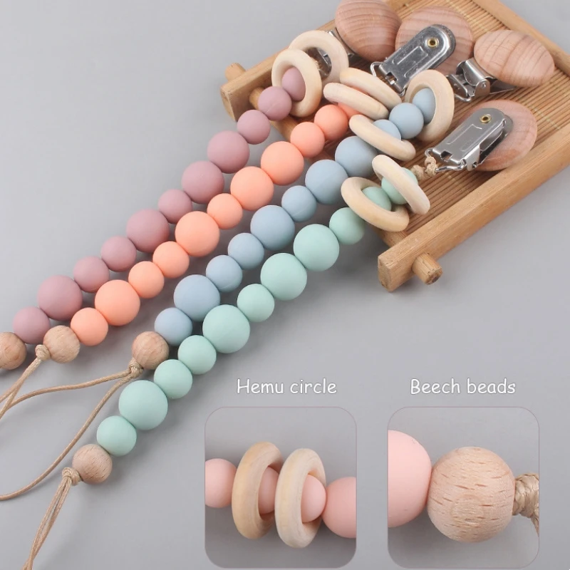 Baby Pacifier Clips Silicone Beads Wooden Ring Pacifier Chain Infant Nipple Appease Soother Dummy Holder