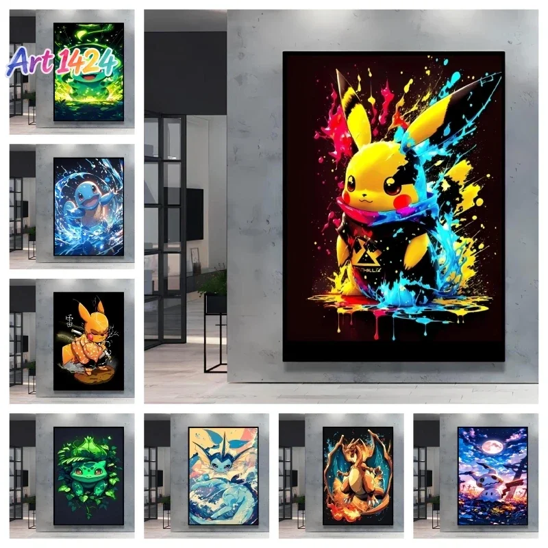 Arte de pared en lienzo de Pikachu de Pokémon, anime japonés, pintura de póster de dibujos animados, colores brillantes y claros, impresión de alta calidad para decoración del hogar.