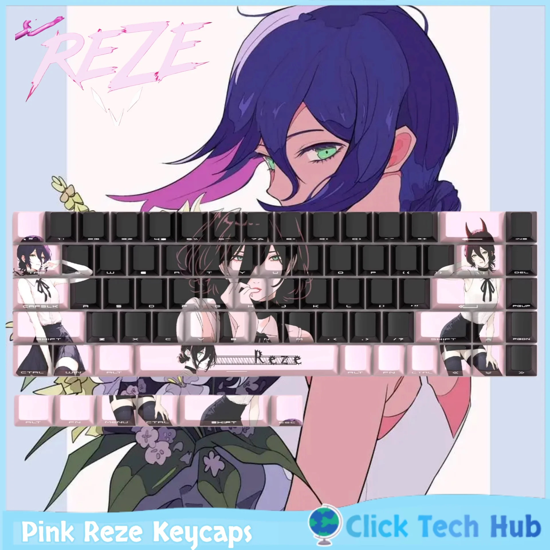New Pink Reze Keycaps Chainsaw Manthe Movie: Breeze Arc Movie Peripherals Keycap Sublimation Pbt Mechanical Keyboard Keycaps