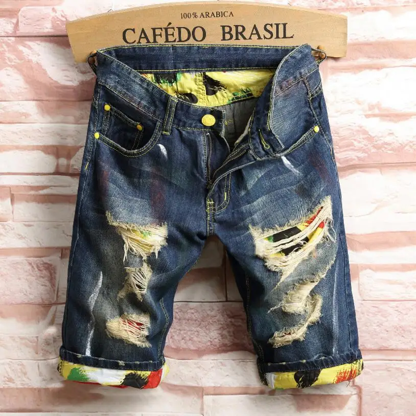 Men Holes Denim Shorts Novelty Style Jean Shorts Men Knee Length Short Jeans Fashion Male Straight Denim Shorts Casual Shorts 44