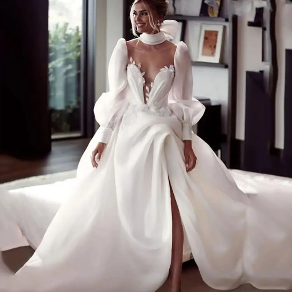 

Simple Princess Long Wedding Dress Ruched Bridal Gowns A Line Customized High Neck Puff Full Sleeves Side Slit Ivory Brides Robe