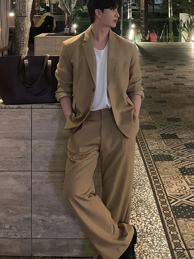 Khaki Shoulder Padded Men's Suit Set Casual Iron-Free Two-Piece Ensemble Standard Fit Long Sleeve Flat Collar Trendy Youthwear