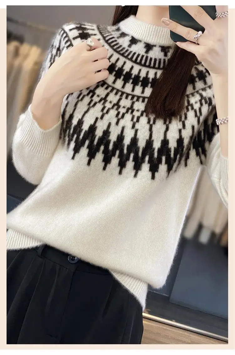 Vintage Turtleneck Fair Isle Pullover Damski luźny, wyściełany żakardowy sweter z długim rękawem, dzianinowy top