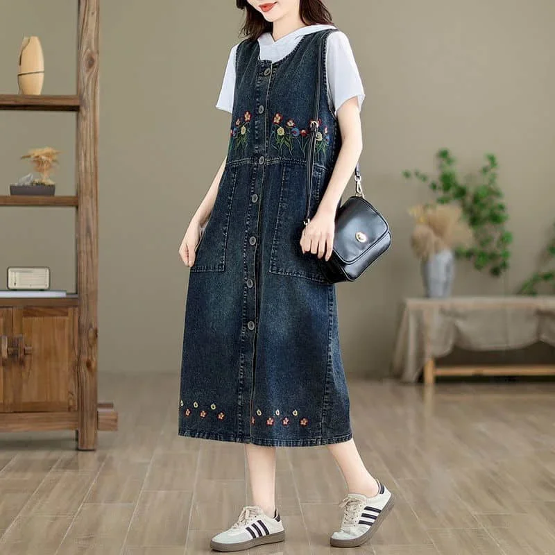 

Denim Vest Dress for Women Sleeveless Casual Loose Streetwear Trend Korean Style Oversized Vintage Calf Length Dresses XT1608