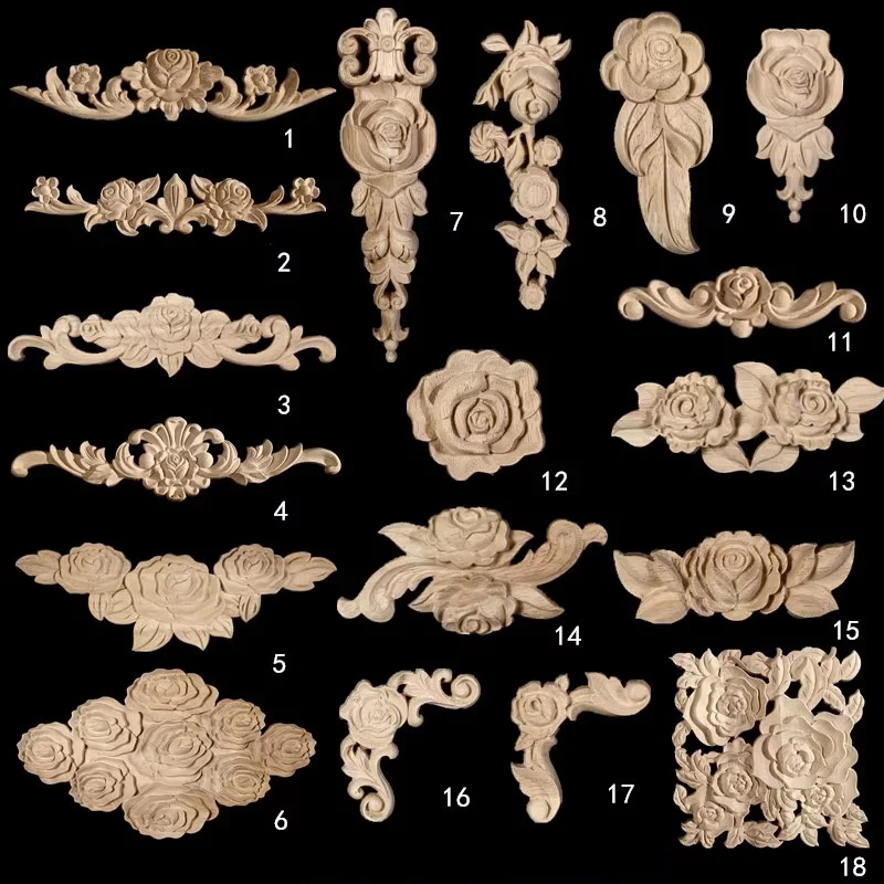 

Wood Appliques and Onlays Natural Furniture Wall Door Woodcarving Decorative Long Flower Wooden Figurines Crafts Corner Frame