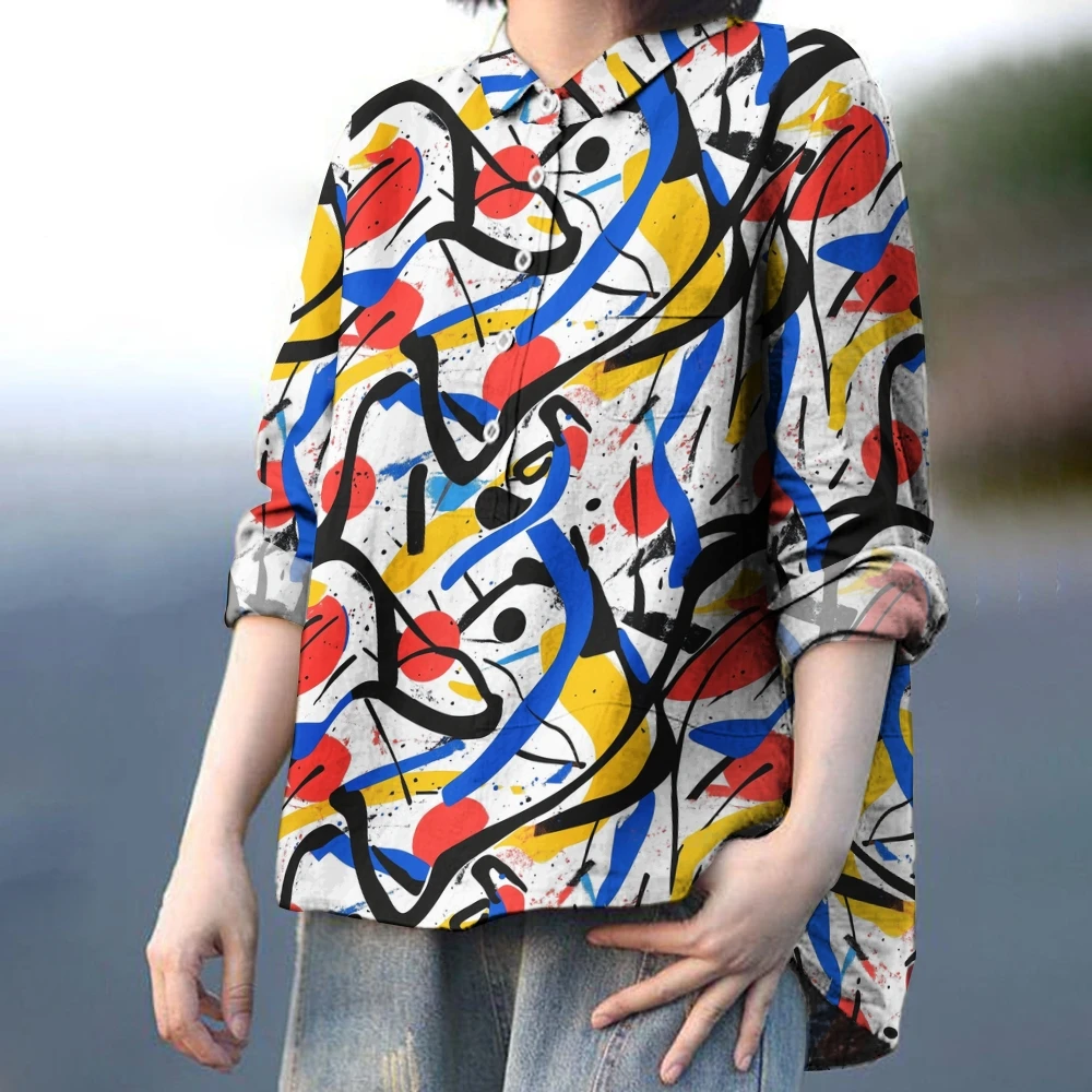 Women Daytime Abstract Art Shirt Casual Intricate Line Patterns Wear Trendy Women's blouse Versatile Featuring Color Block Shirt