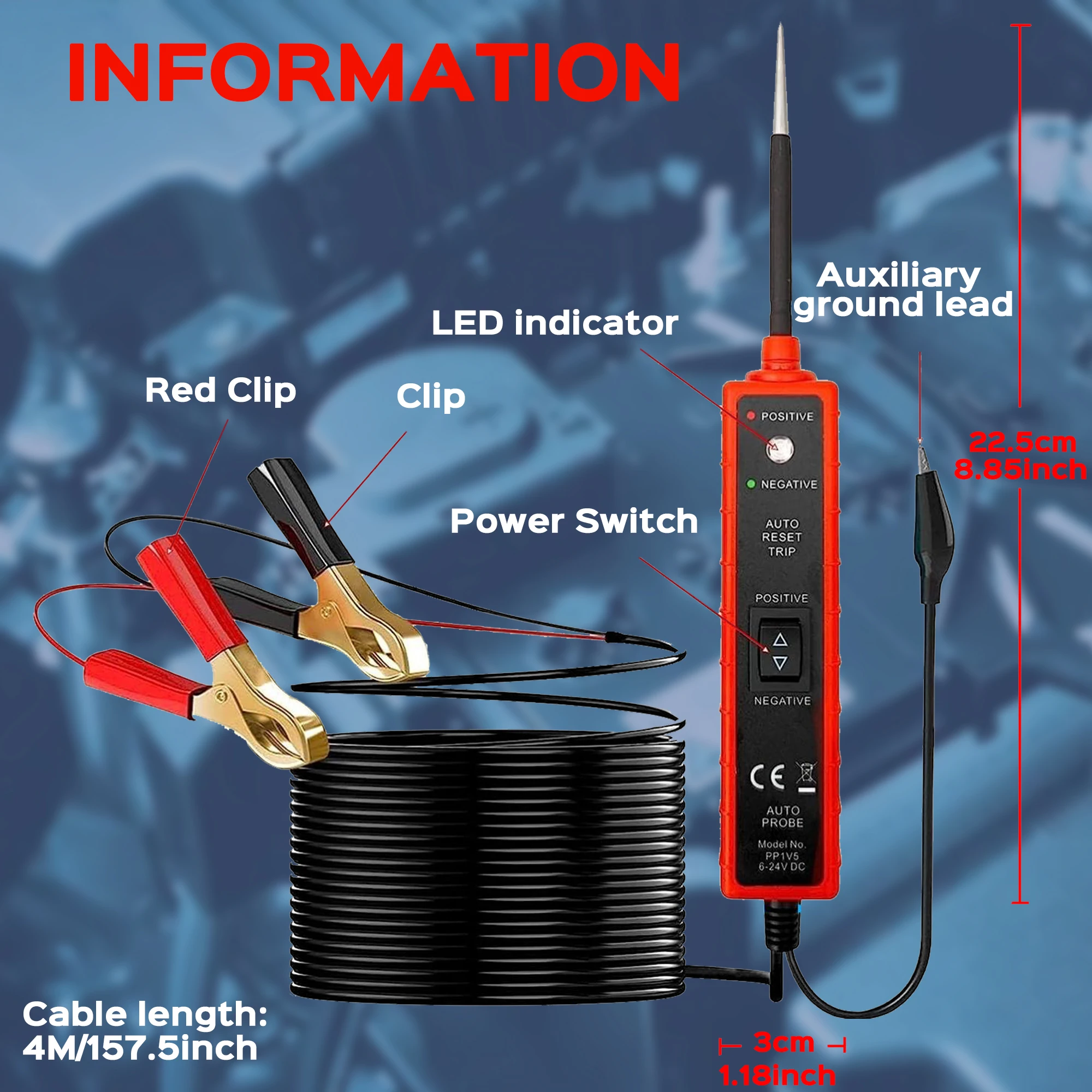 Power Circuit Probe Tester 6-24V DC Test Light Short Circuit Automotive Component Electrical Polarity Identify Continuity Tester