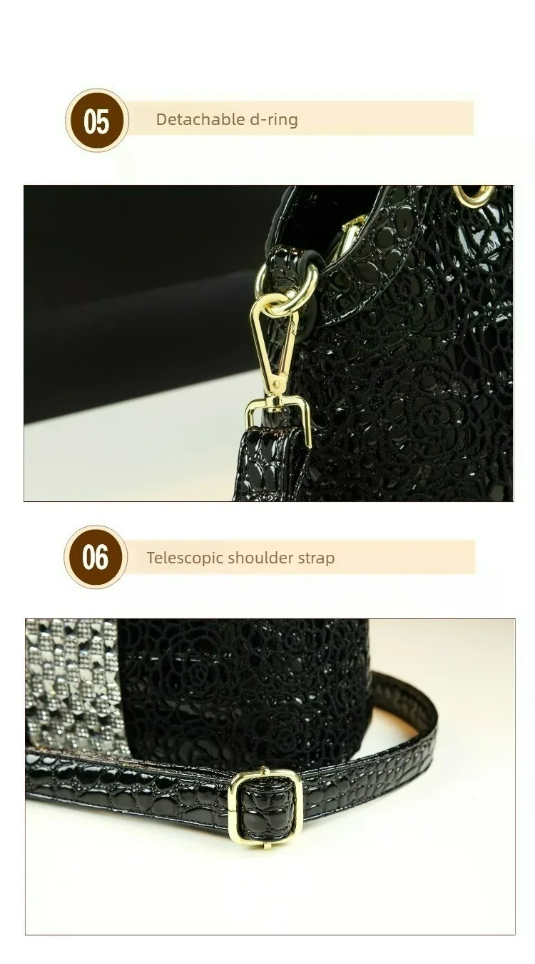2026 Neue Elegante Handtasche mit Krokodilmuster aus Lackleder mit Spitzen- und Diamantenbesatz als Schulter- und Umhängetasche – Detail 10