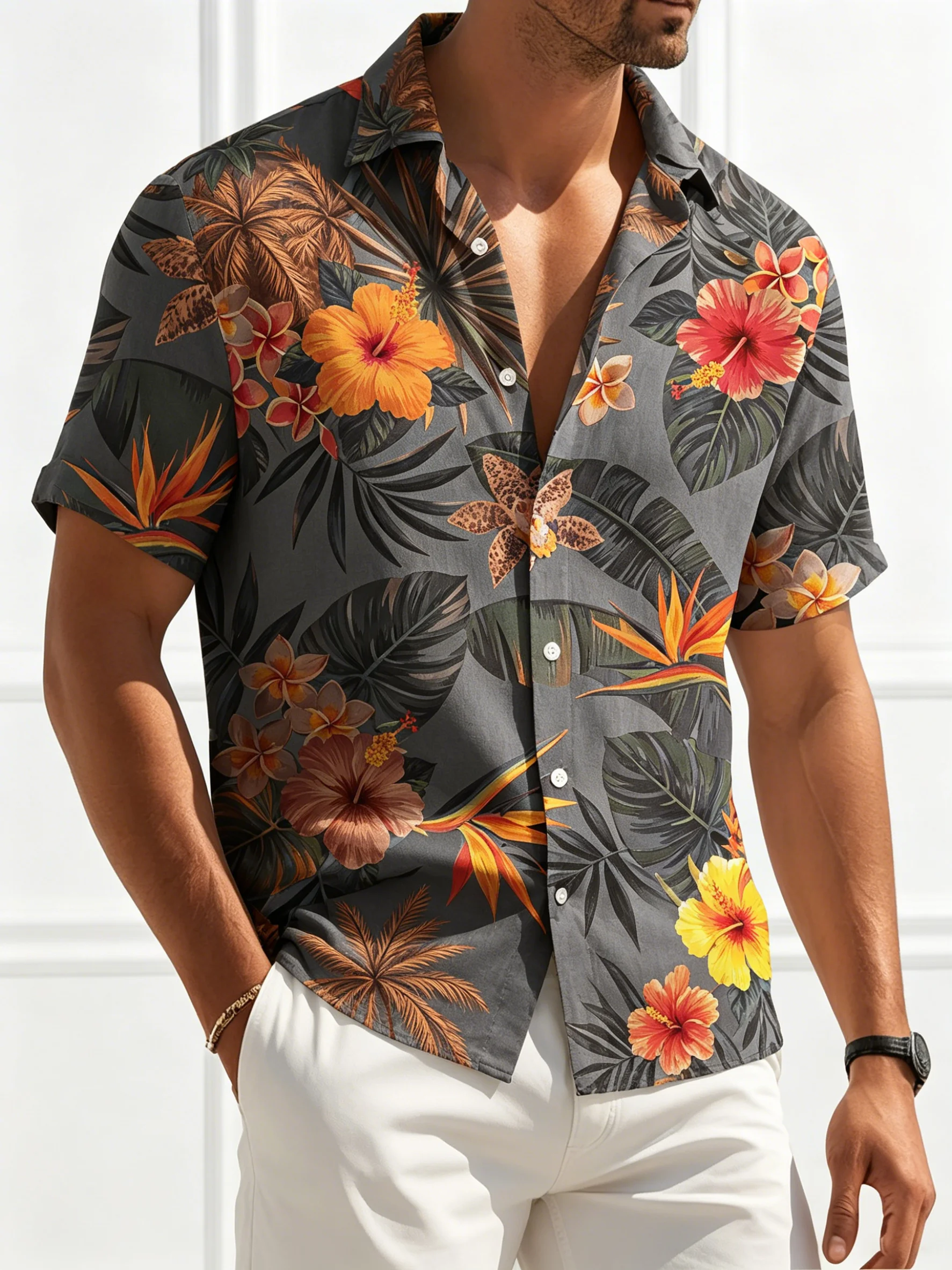 

Men's Charcoal Tropical Hibiscus & Orchid Print Button Up Shirt, Turndown Collar Hawaiian Tops for Spring Summer Daily Wear