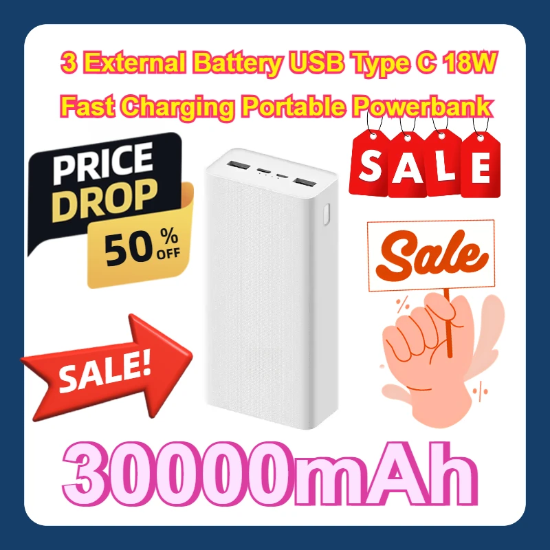 

3 External Battery USB Type C 18W Fast Charging Portable Powerbank 30000mAh Power Bank