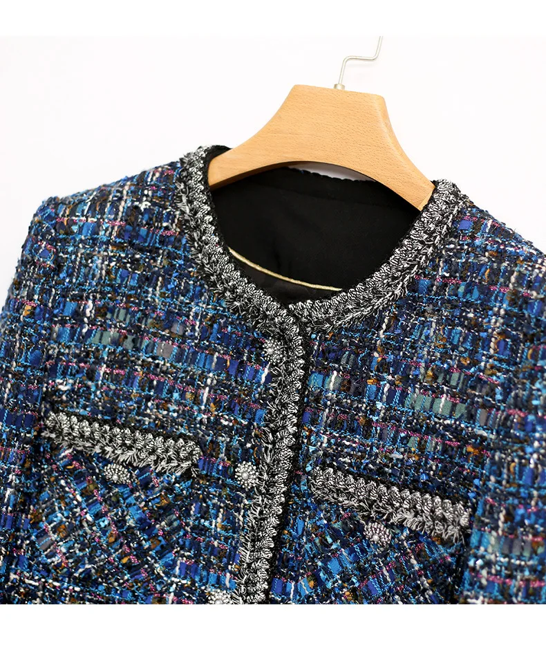 2024 Spring Chic Women's High Quality Blue Plaid O-neck Tweed Jacket Short Short Coat C699