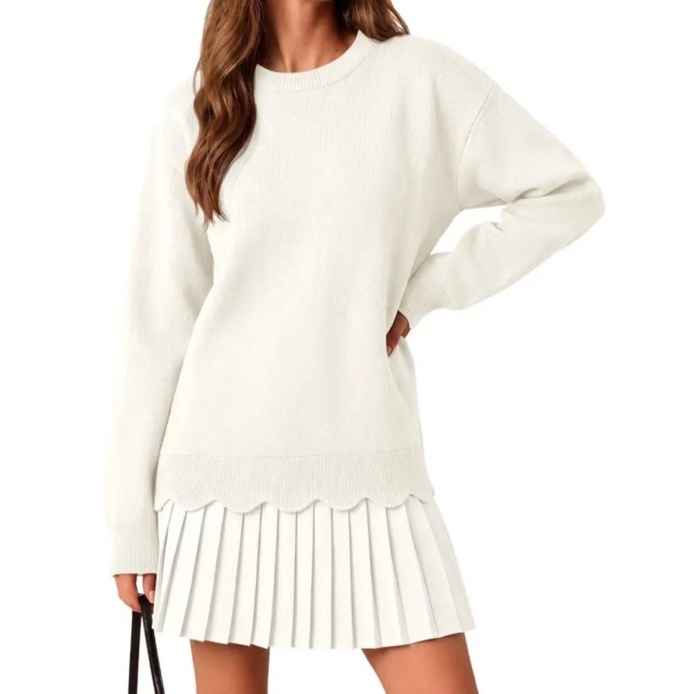 Women's Fashion New Knitted O Neck Long-sleeved Short Skirt 2 Piece Set With  Hemming Pleated Frill Sweater Skirt Set Female