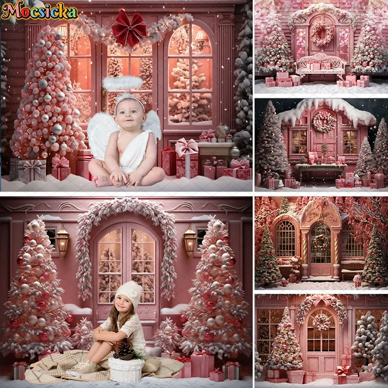 

Winter Xmas Pink Shop Kids Adult Family Portrait Background Christmas Tree Wreath Gift Box Decoration Studio Photography Props