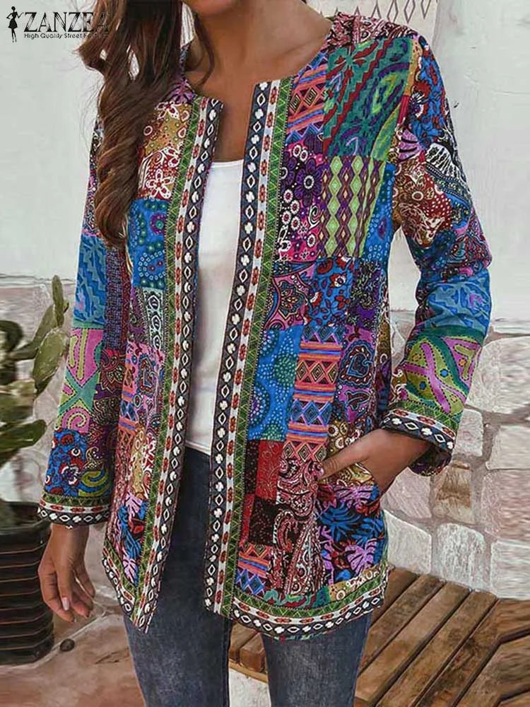 ZANZEA Women Open Front Jackets O Neck Bohemian Vintage Casual Cardigan Tops Long Sleeve 2024 Fall Ethnic Print Lined Outerwear