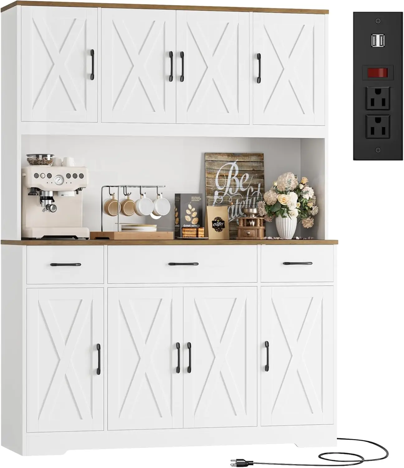 

71" Tall Pantry Cabinet with Charging Station, 55" Wide Kitchen Pantry Storage Cabinet with Countertop, Large Kitchen Hutch