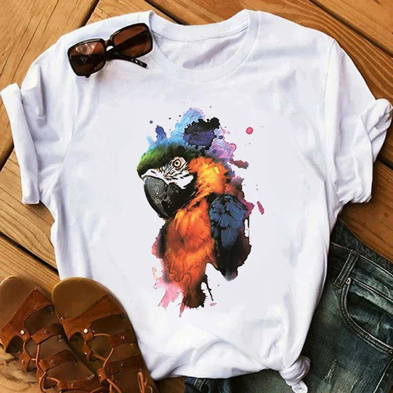 Harajuku Cockatiels Parrot print ladies Top T-shirt casual basics O-collar white shirt short sleeve ladies T-shirt,Drop Ship