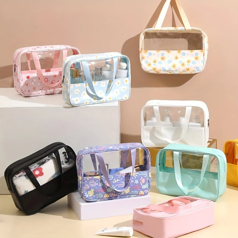 3pcs/set printed transparent stitching cosmetic bag pu waterproof portable toiletry bag large capacity bath bag travel portable