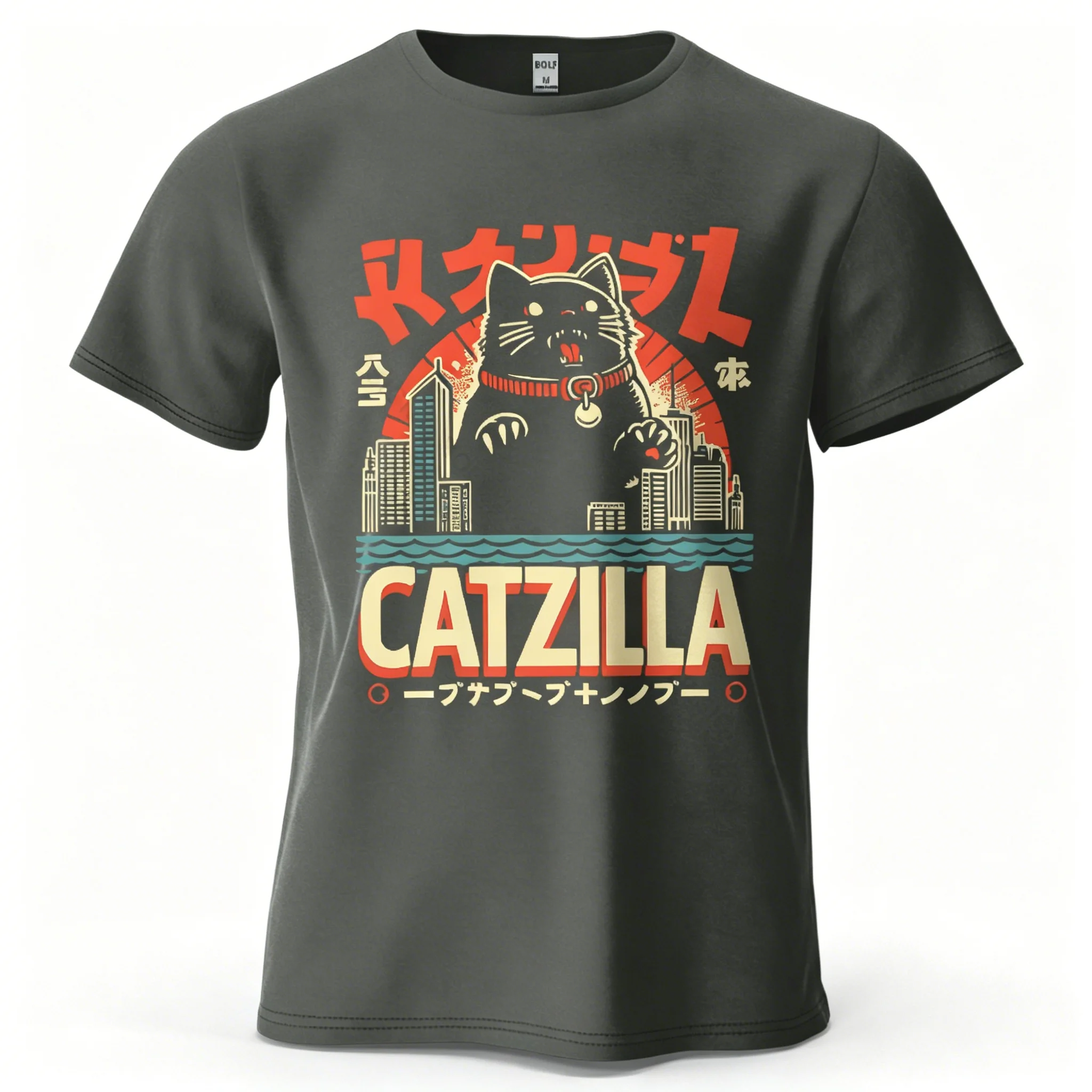 Funny Catzilla Catzilla Cat Zilla Monster T Shirt Japanese Aesthetic Retro Anime Tshirt Casual Oversized T-shirt Men Streetwear