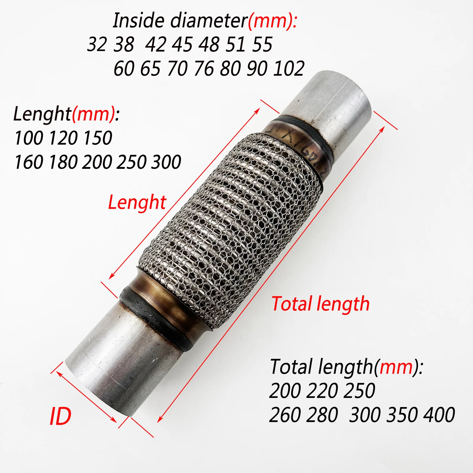 304 Stainless Steel Weaving Car Universal Exhaustt Flexi  Exhaust Pipe ID38-102mm Muffler Exhaust Wire Transfer Elbow Accessory