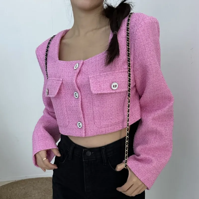 Korean Women Fashion Short Tweed Jacket Women 2024 Autumn Elegant Square Collar Female Single-Breasted Slim Outerwear