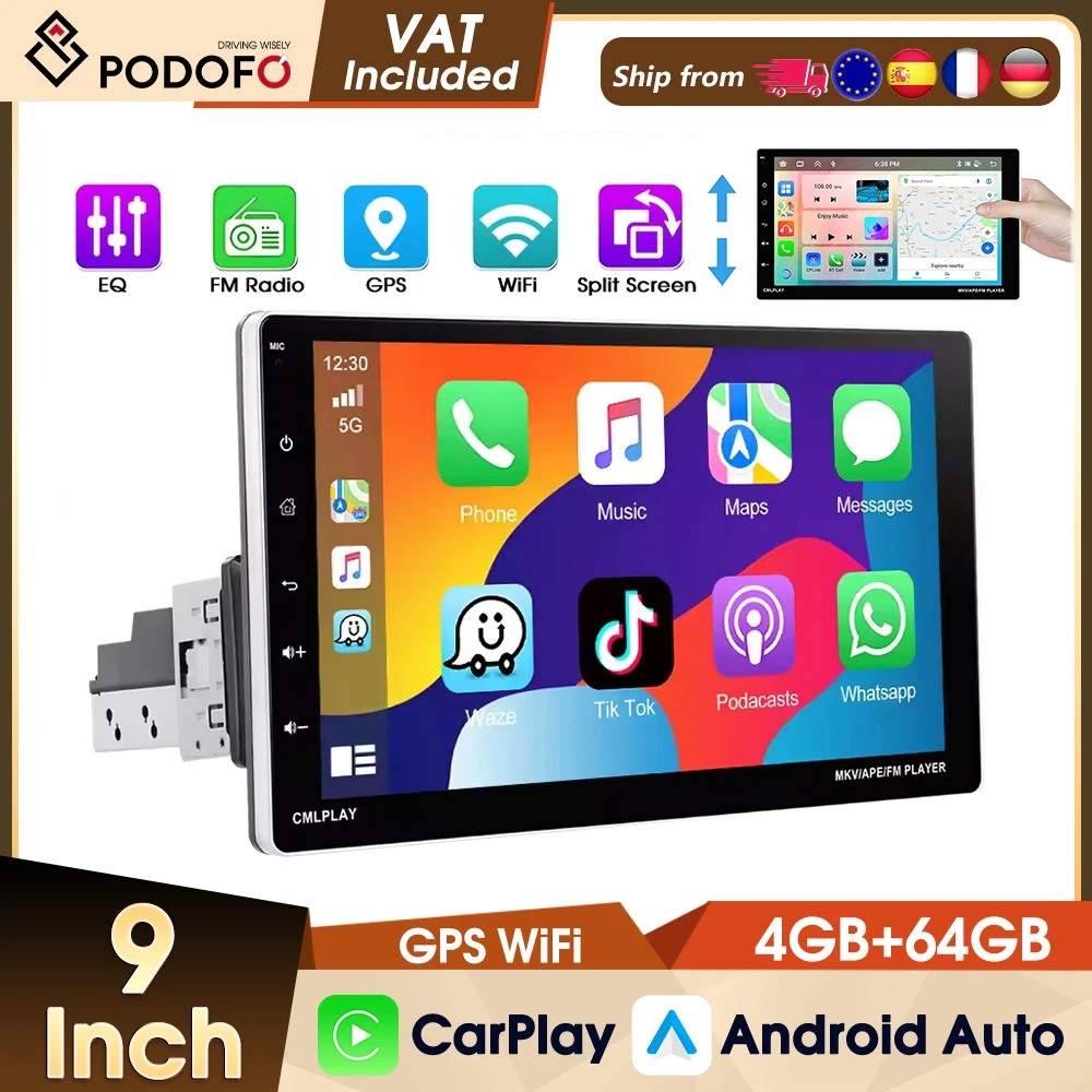 Podofo 1Din 4+64G Autoradio Carplay Android Auto GPS-Navigation WLAN Mirror Link Universelles Auto-Multimedia-Player BT FM-Radio USB