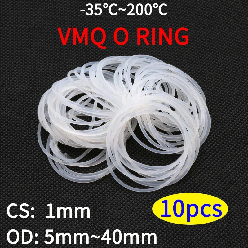 10pcs VMQ O Ring Seal Gasket Thickness CS 1mm OD 5 ~ 40mm Silicone Rubber Insulated Waterproof Washer Round Shape White Nontoxic