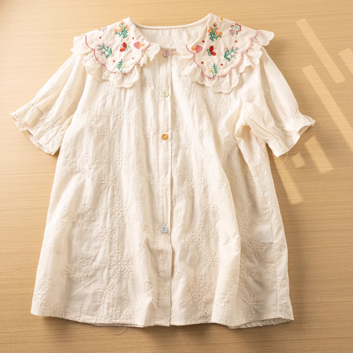 Lolita Sweet Flowers Embroidery Lace Patchwork Cotton Short Sleeve Shirt Blouse Mori Girl Fairy Designer Cotton Lace Shirts