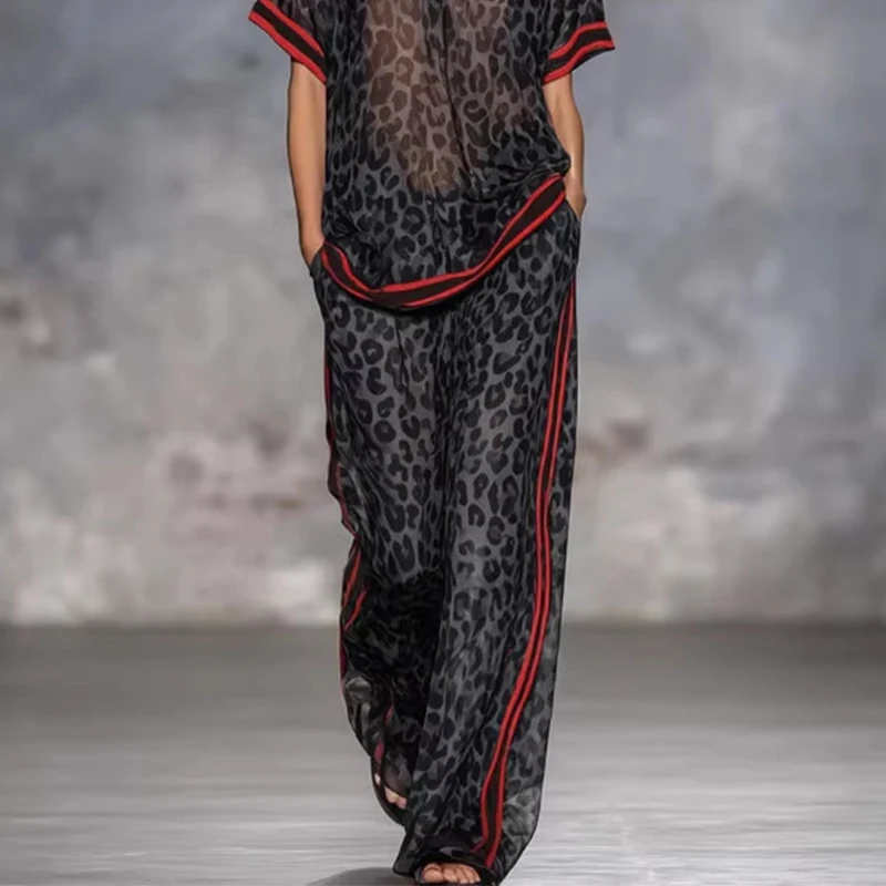 Conjuntos Casuales de Verano para Mujer, Estampado de Leopardo, Rayas en Contraste de Color, Conjunto de Dos Piezas para Mujer, Top de Manga Corta y Pantalones Anchos