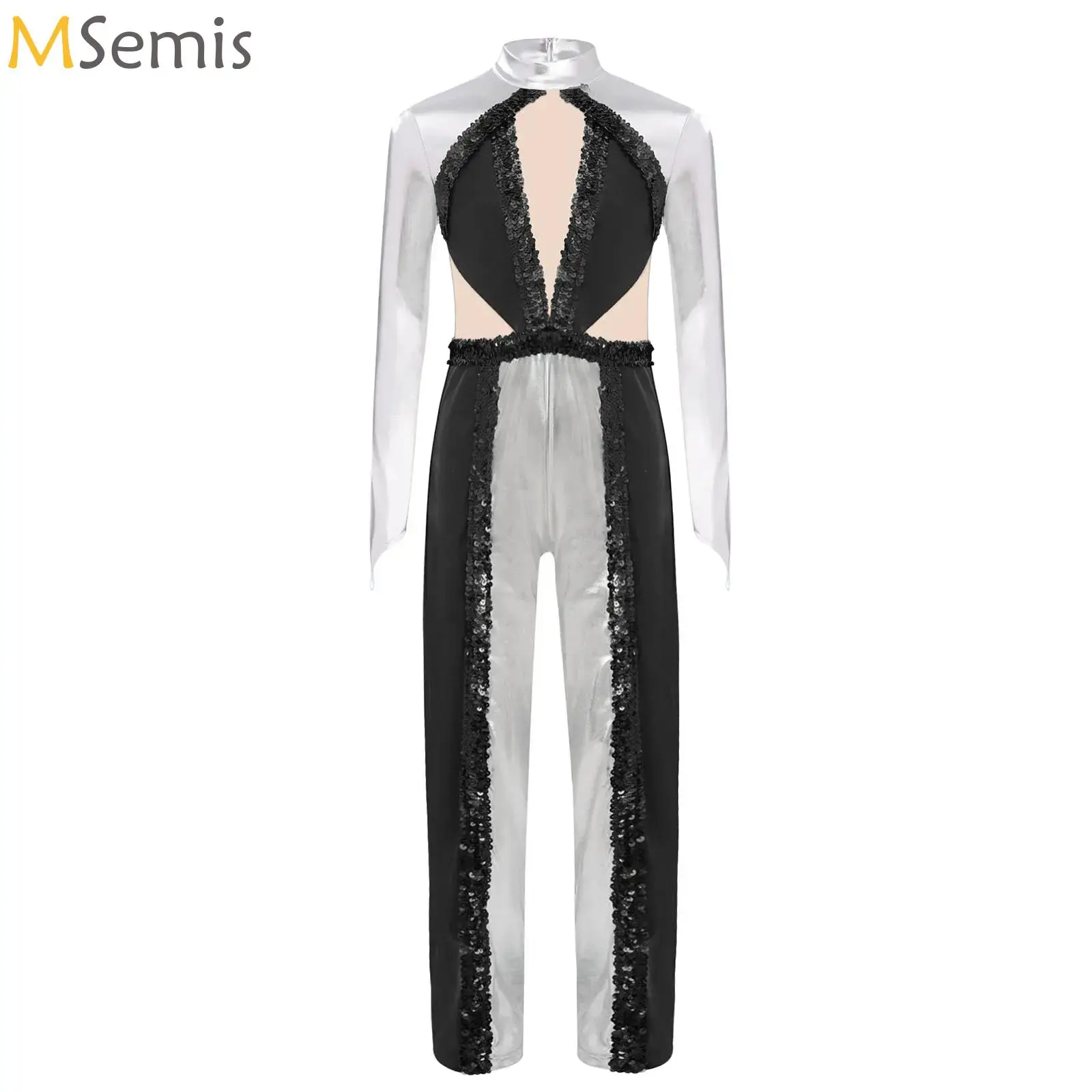 

Girls 70s Disco Jumpsuit Kids Shiny Sequin Long Pants Contrast Color Bodysuit for Latin Jazz Bllroom Lyrical Dance Performance