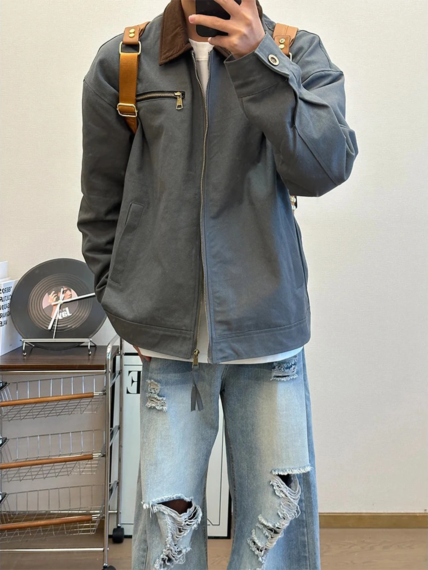 

Мужской бейсбольный жилет в стиле ретро-американский детройтский с отложным воротником, из канваса, осенне-весенний, молодежный, модный