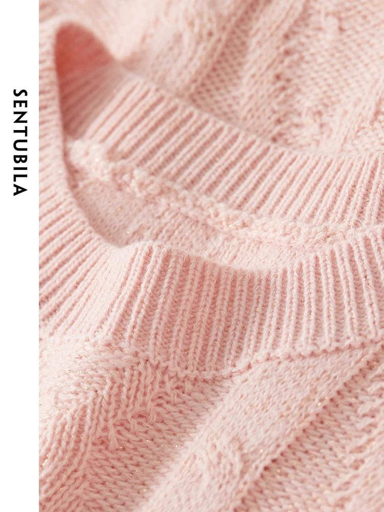 SENTUBILA Jacquard Pink Knitted Sweater Round Neck High Strecth Loose Knit Pullovers 2024 Spring Soft Female Knitwear W41E53437