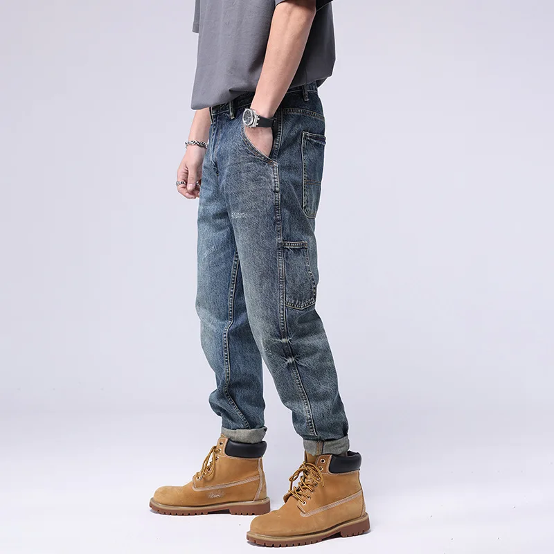 Calça jeans jeans azul claro masculina multi-bolsos, jeans reto, ajuste solto, moda de rua retrô, casual hip hop