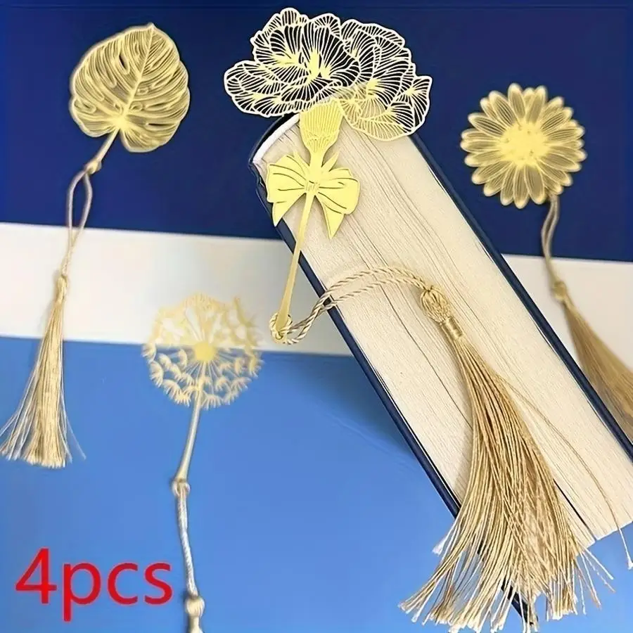 1/5/10/20/50/100pcs Hollow Metal Bookmarks with Tassels - Seasonal Leaves, Hollow Design: Carnation/ Dandelion/Sunflower Chinese