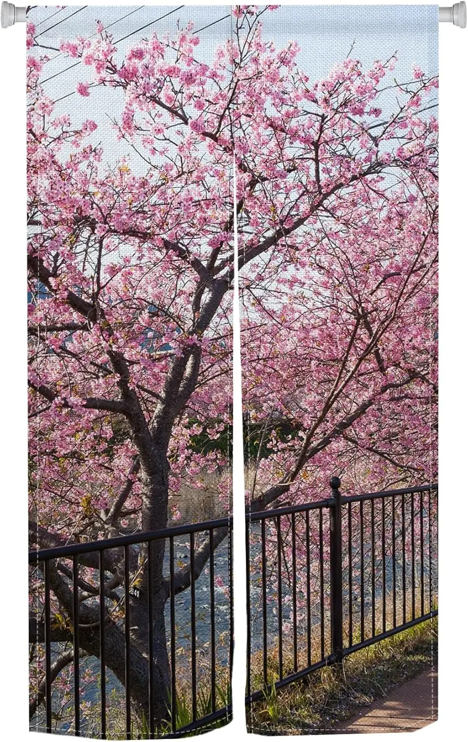 Elegant Japanese Sakura Noren Curtain, Full Bloom Cherry Blossom with River View Pattern, Art Door Curtain for Study Tea Room