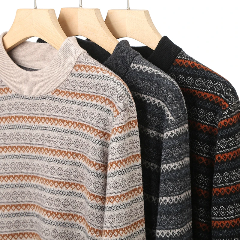 Джемпер высшего качества из 100% чистой кашемировой шерсти, 2025 г., мужской зимний модный толстый свитер в полоску с длинными рукавами, мужская теплая одежда из овечьей шерсти