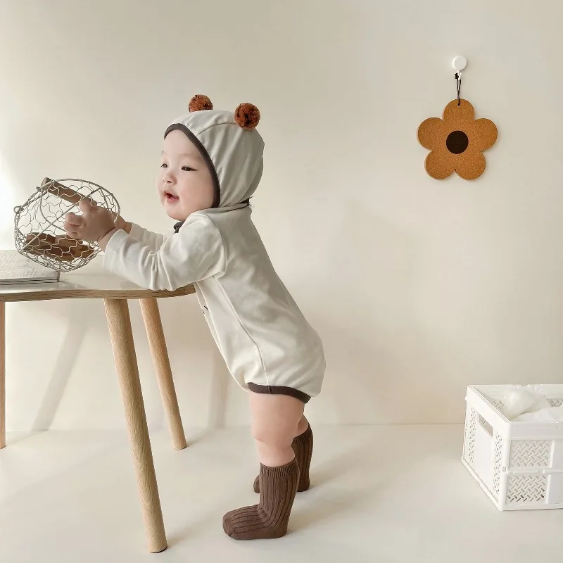 Korean Style Baby Girl Boy Spring Autumn Jumpsuit Cute Cartoon Biscuit Print Long Sleeve Round Neck Bodysuit Cap Socks