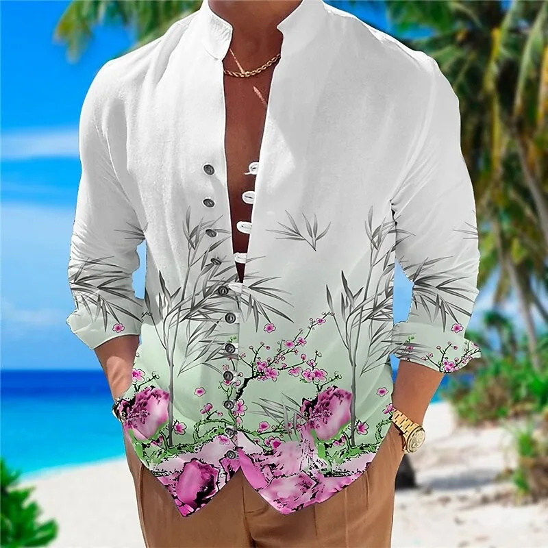 

New Art Style Color Splash Ink Shirt Men's Long Sleeve Shirt Single breasted Loose Beach Top Clothing