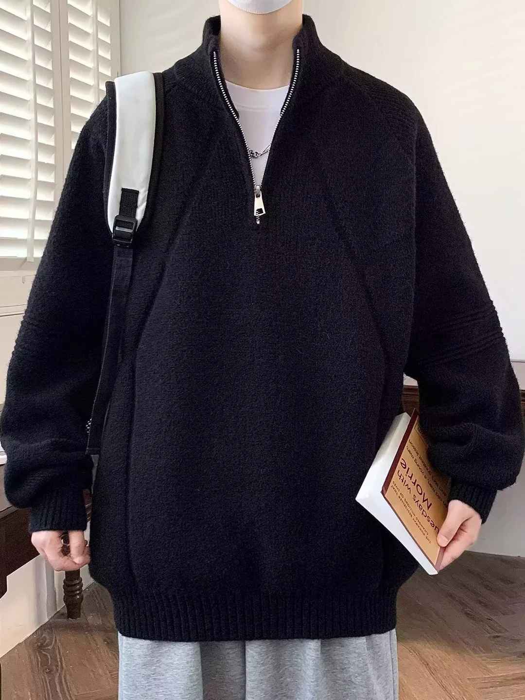 

Loose Fit Men's High Ne Knitted Sweater Zipper Closure Casual Sle Polyester Fiber Faionable Autumn Winter Outerwear