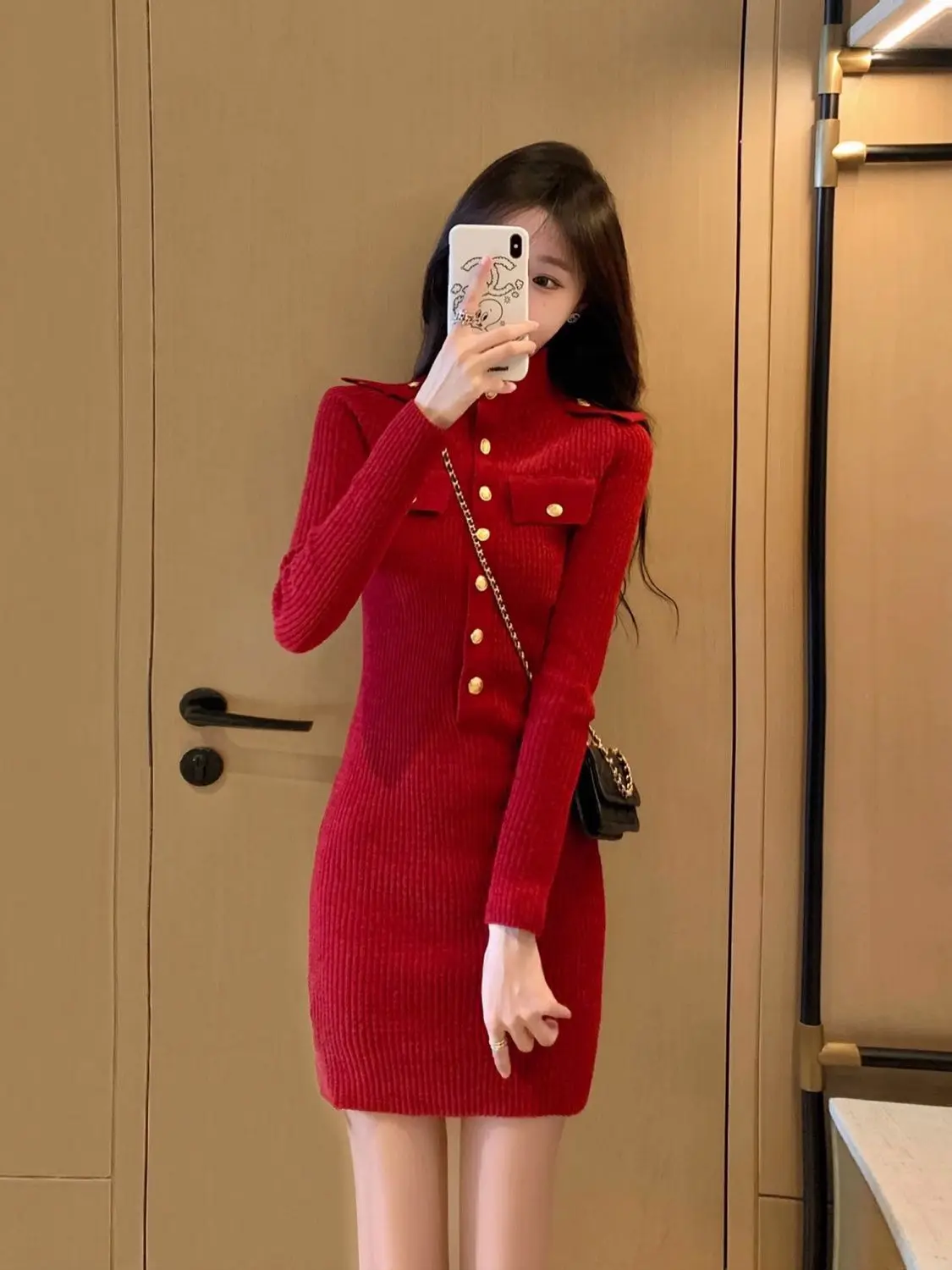 Vestido de malha manga comprida com decote em O feminino, elegante vestido de festa, vermelho chique, outono, inverno, novo, 2023