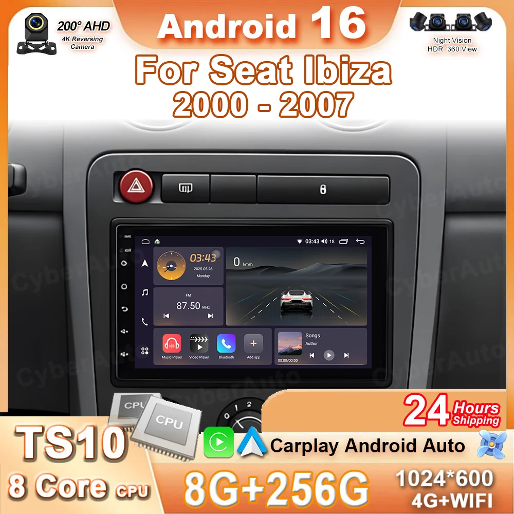 Radio para Auto de 7 Pulgadas para Seat Ibiza 2000-2007, Carplay Inalámbrico, Android 16, Google Maps, Unidad Principal, Cámara Trasera, Sin 2 DIN DVD, 4G, DSP, BT